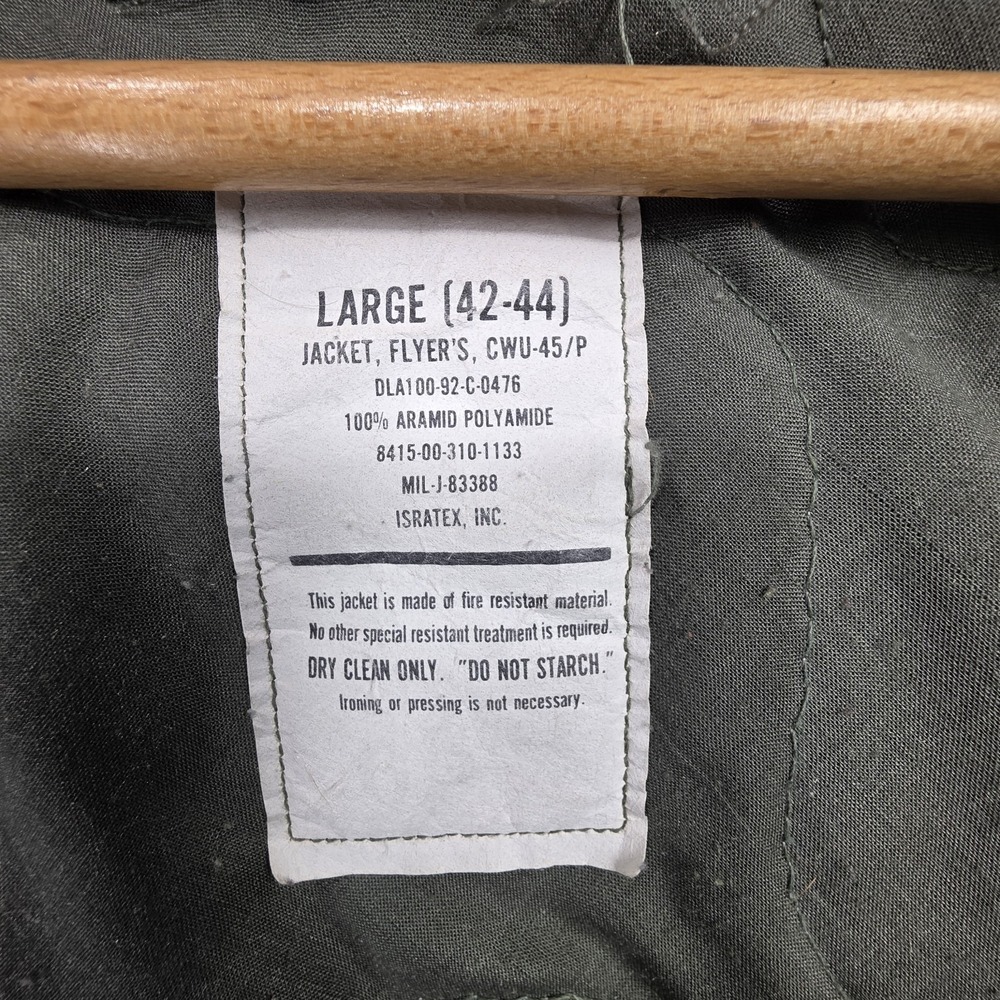 Vintage CWU-45/P Winter Weight Flight Jacket Isratex Inc Green Size Large - Picture 12 of 16